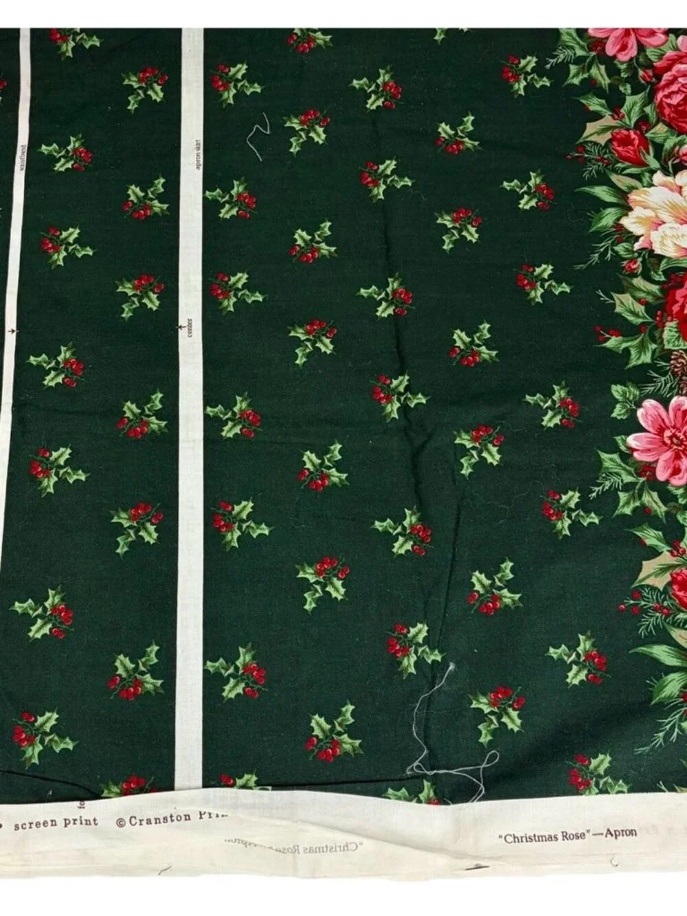 Vtg VIP Christmas Rose Apron Cut & Sew Fabric Panel Floral Holly Holiday Green